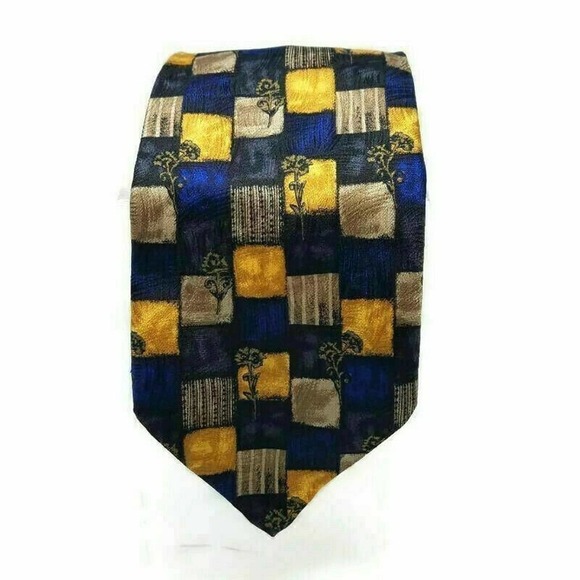 Manzoni Mens Necktie Multicolor Blue Patchwork 100% Silk Classic Tie 59"L - Picture 5 of 7